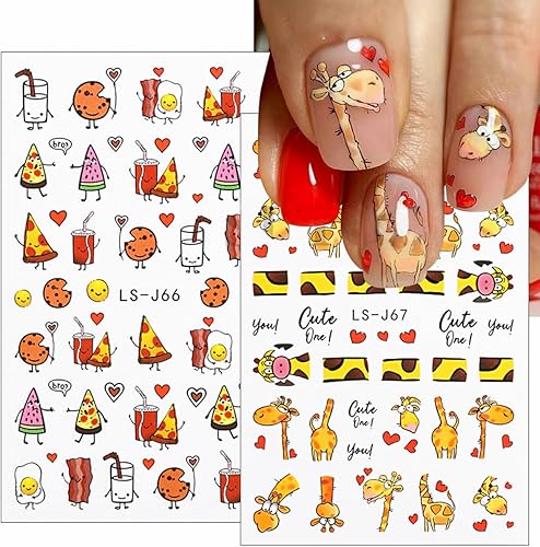 Miniatura 4 de 6 hojas de calcomanías de uñas de jirafa de dibujos animados 3D, calcomanías autoadhesivas lindas Kawaii para arte de uñas de pizza, bocadillos,