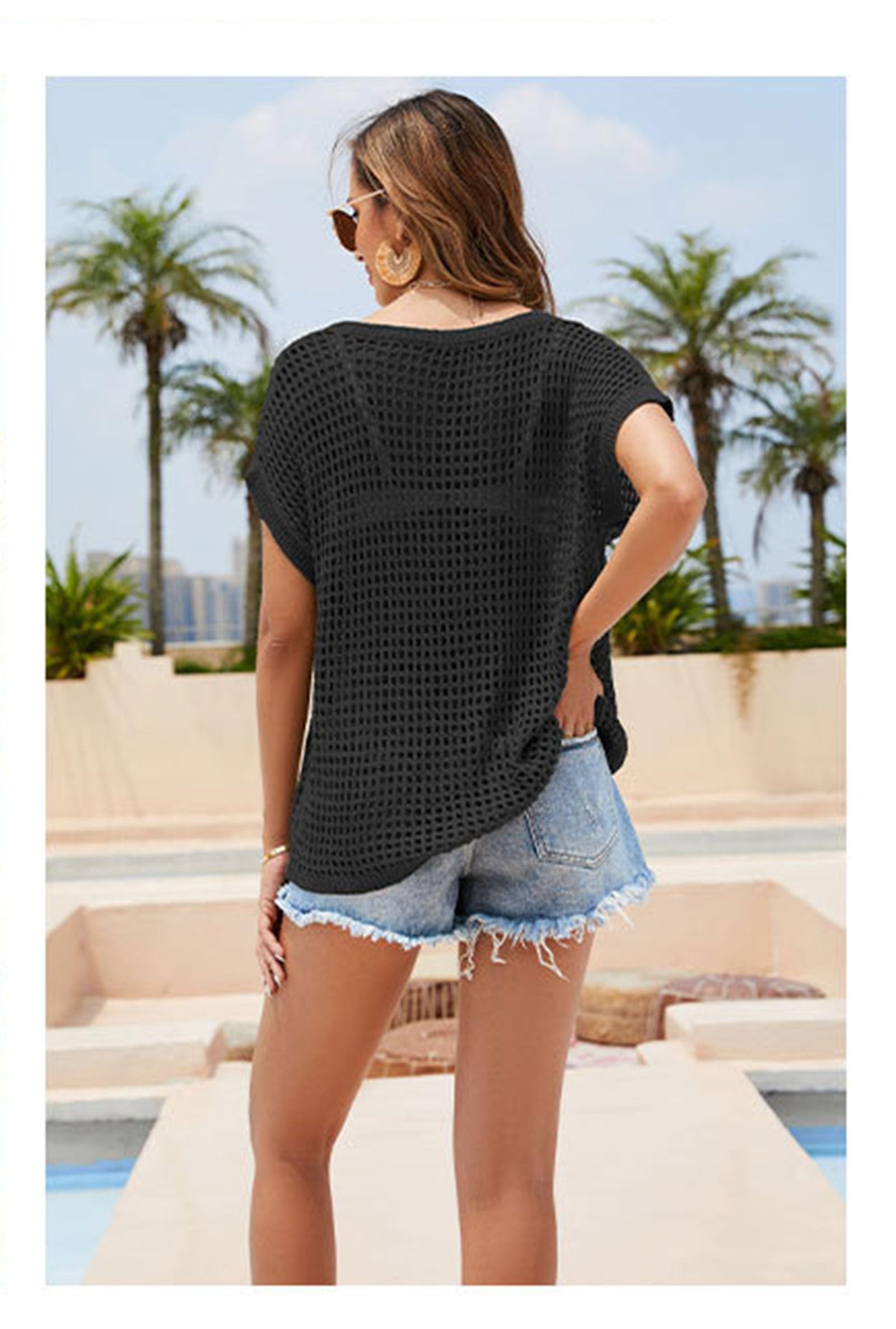 Femmes Maille Crochet Crop Top Sexy À Manches Courtes Évider Tricot Bikini Couvertures Ups,Noir,M