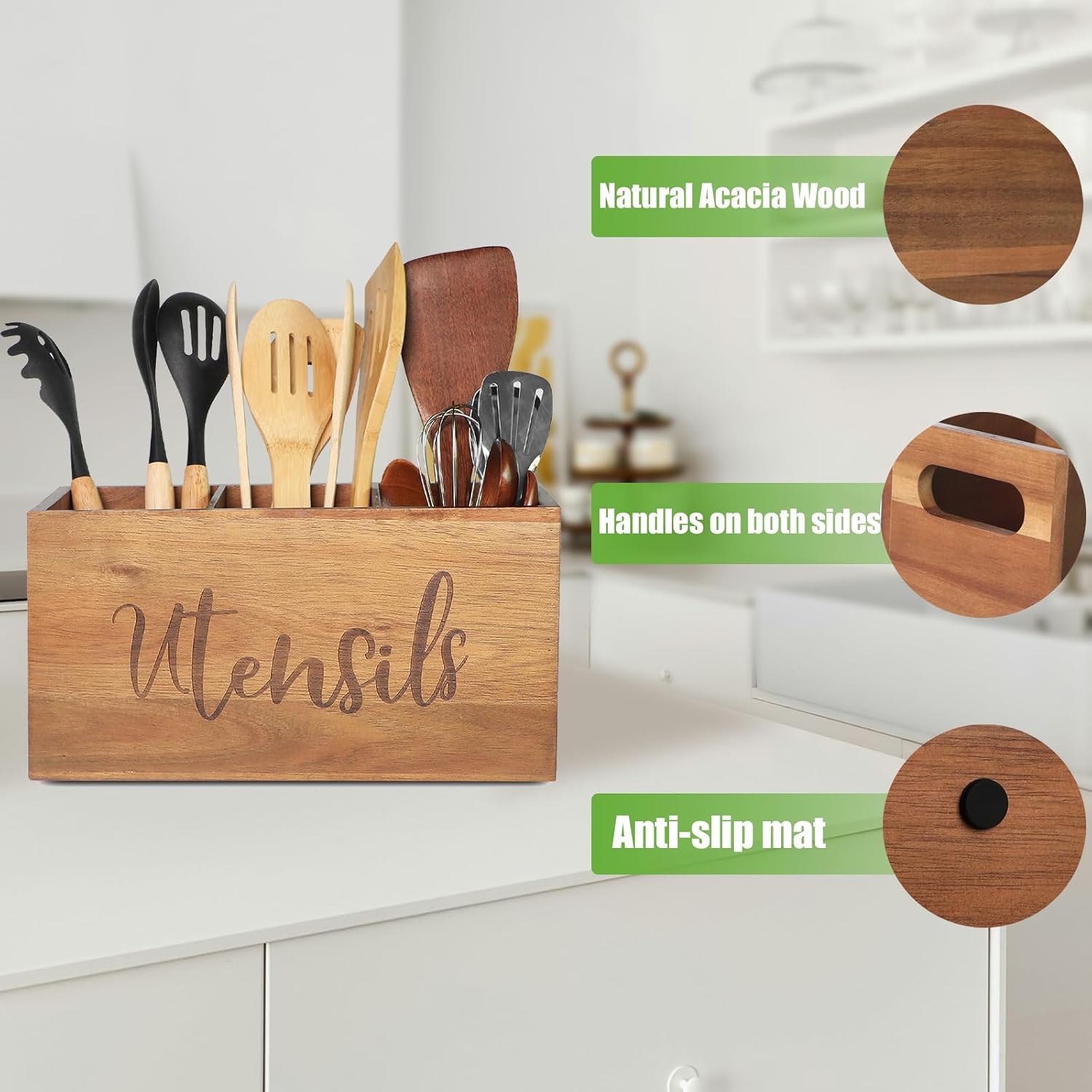 Large Size Acacia Wood Utensil Holder, 3 Compartment Wooden Holder