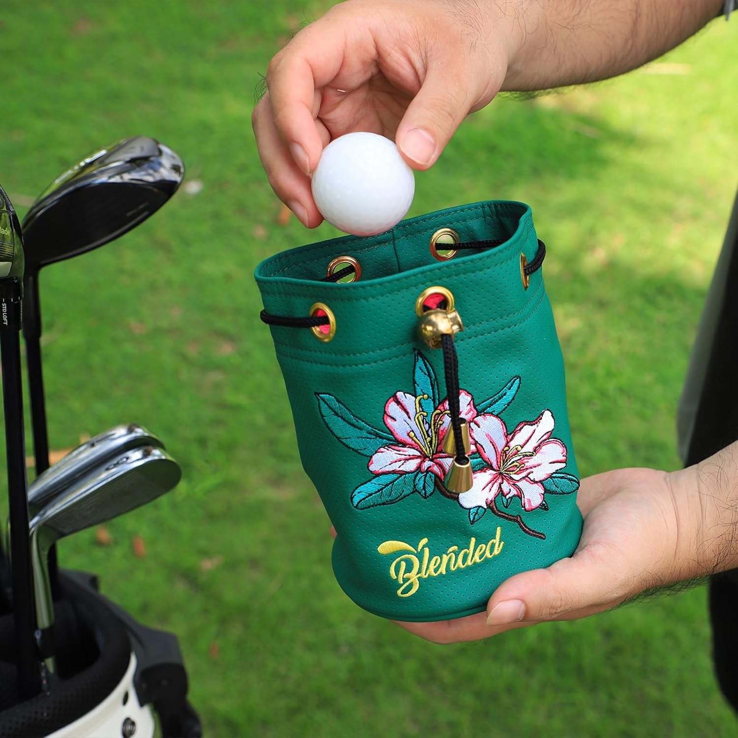 Golf Valuables Pouch,Bucket Waist Design Golf Pouch Bag Azalea Embroidery Tee Bag with Drawstrings Leather for Men Women