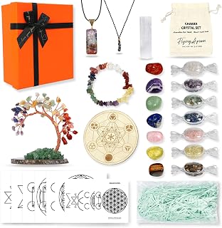 APSARAS USA Crystals and Healing Stones,17 Pcs Healing Crystal Set,7 Raw Chakra Stones Crystals Kit,Colorful Crystal Tree&Colorful Necklaces Bracelet