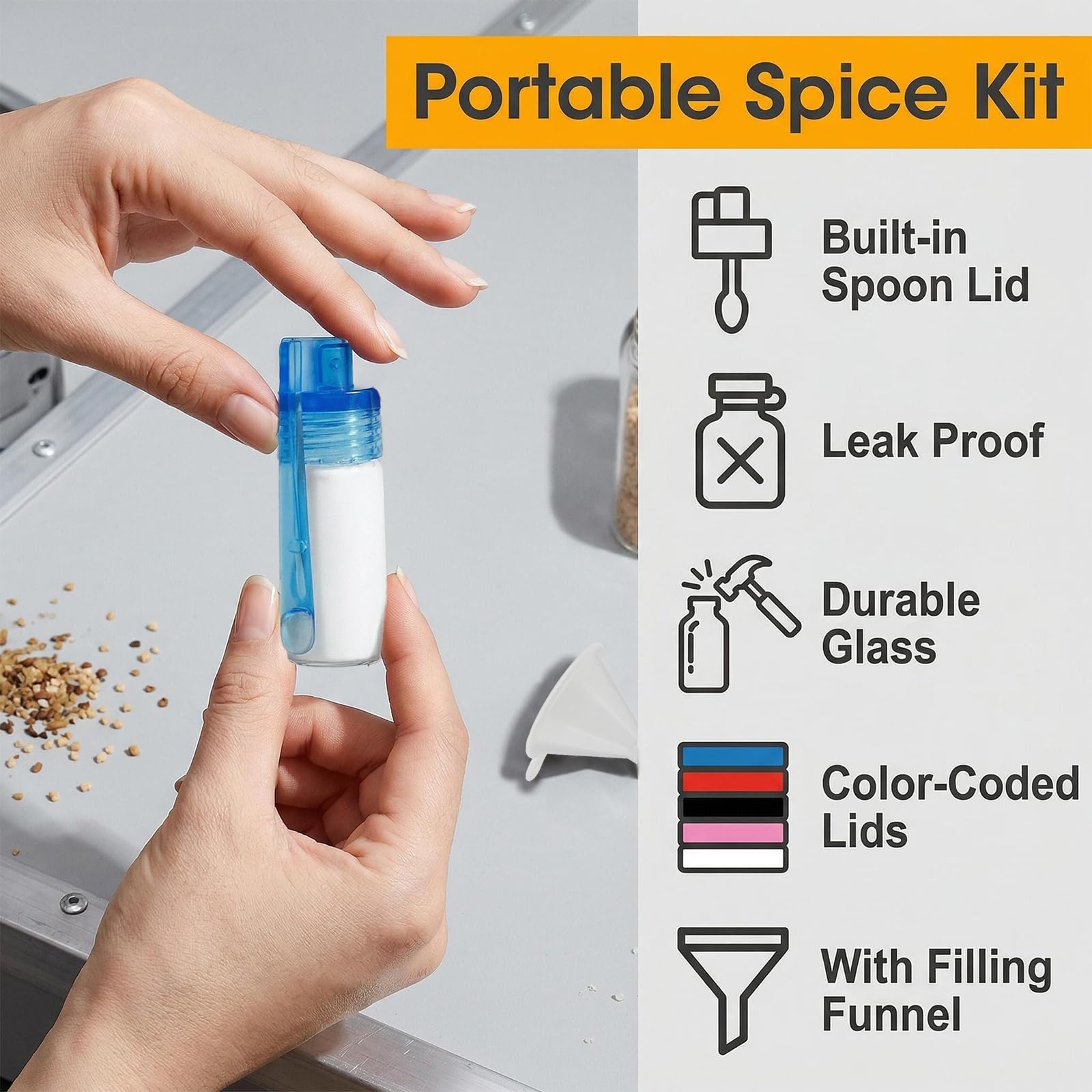Lot de 6 sniffer doseur étanches - Mini bouteilles anti-fuite pour sel, poivre, épices - Idéaux pour le camping, la cuisine et les voyages | Flacon de poudre avec cuillère