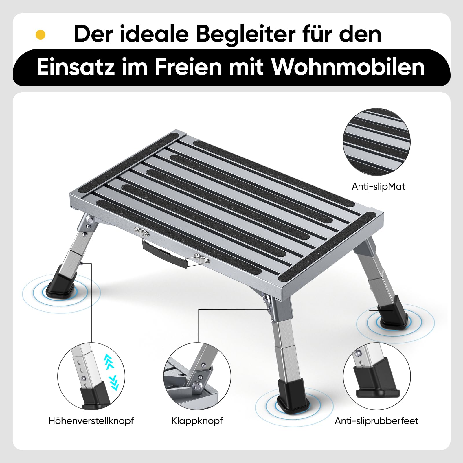 Klapptritt Trittstufe mit Griff, 4-stufige Höhenverstellbarer Tritthocker, 350kg Belastung und Anti-Rutsch, für Wohnmobile, Garten, Camping