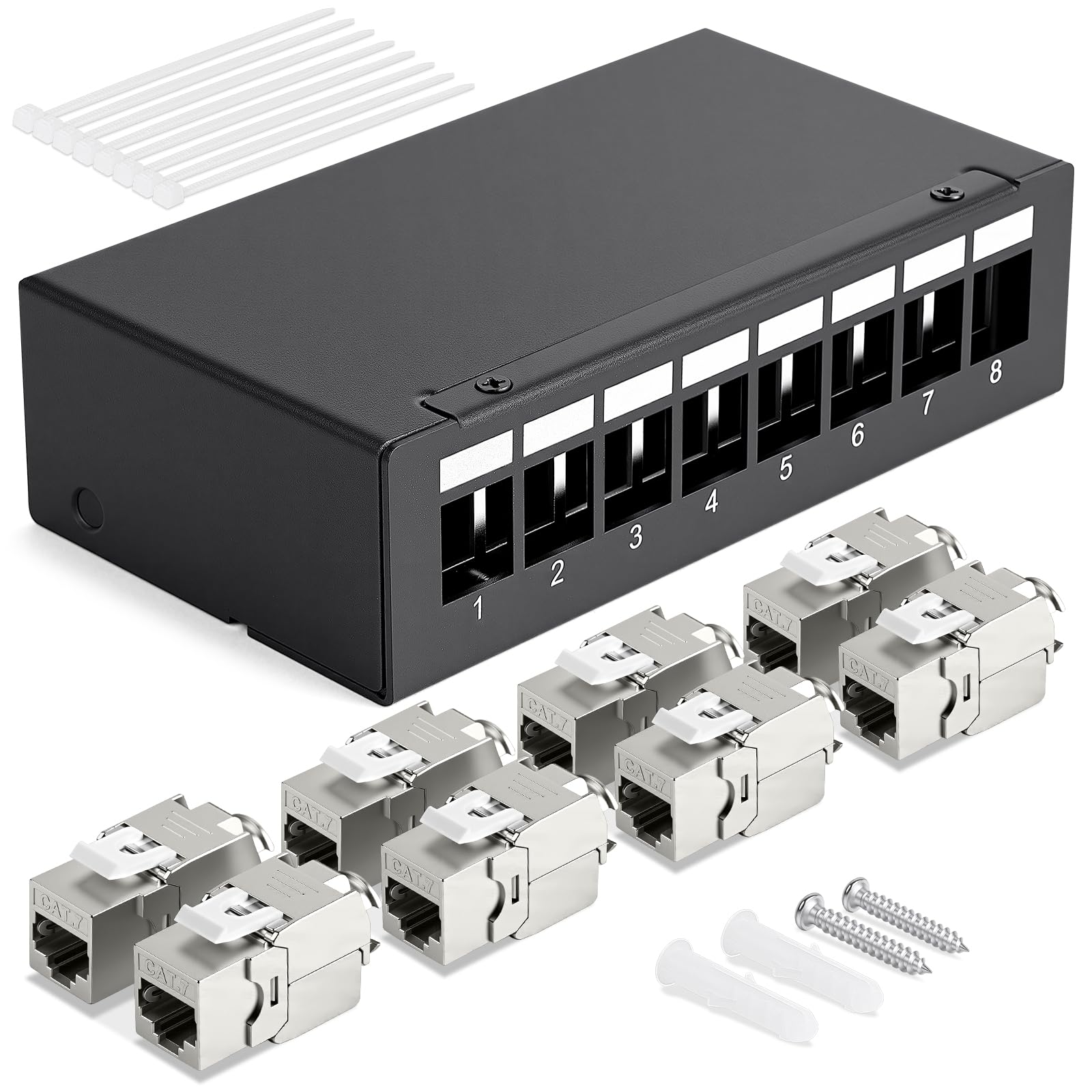 AXFEE Panneau De Brassage Kit 8 Ports, Panneau De Brassage RJ45 CAT 7 avec 8xRJ45 Modules Keystone Jack, 10 Gbit/s panneaux de brassage muraux Compatible avec Câble de Pose CAT6 CAT6a CAT7 LAN Réseau