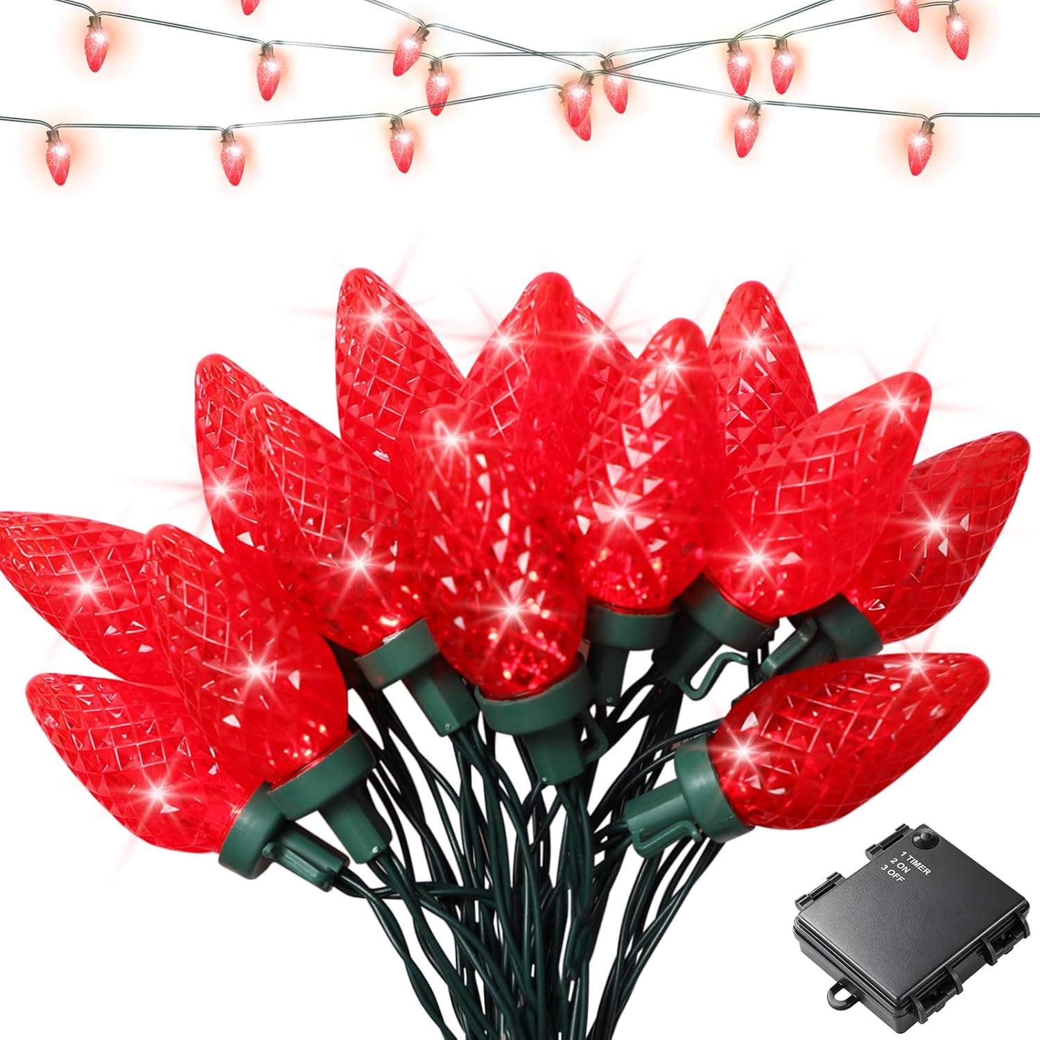 Solar Christmas Lights Outdoor, 50 LED C9 Strawberry String Lights with Timer & 13 Light Mode, Waterproof Solar Christmas Tree Lights for Garden Patio Party Christmas Decoration, Blue White