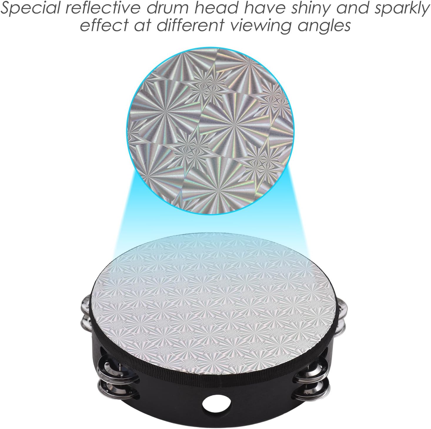 HUIOP Tambourine,8-Inch Wooden Radiant Tambourine Handbell Hand Drum with Double Row Jingles Reflective Drum Head Musical Percussion Instrument