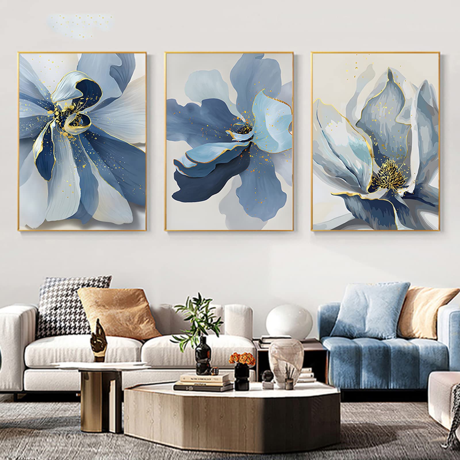 AJAZIKO Quadro Su Tela Astratto Floreale 3 Pezzi - Dipinto Moderno Con Fiori - Decorazione Da Parete Blu Navy Per Soggiorno, Camera Da Letto - 4
