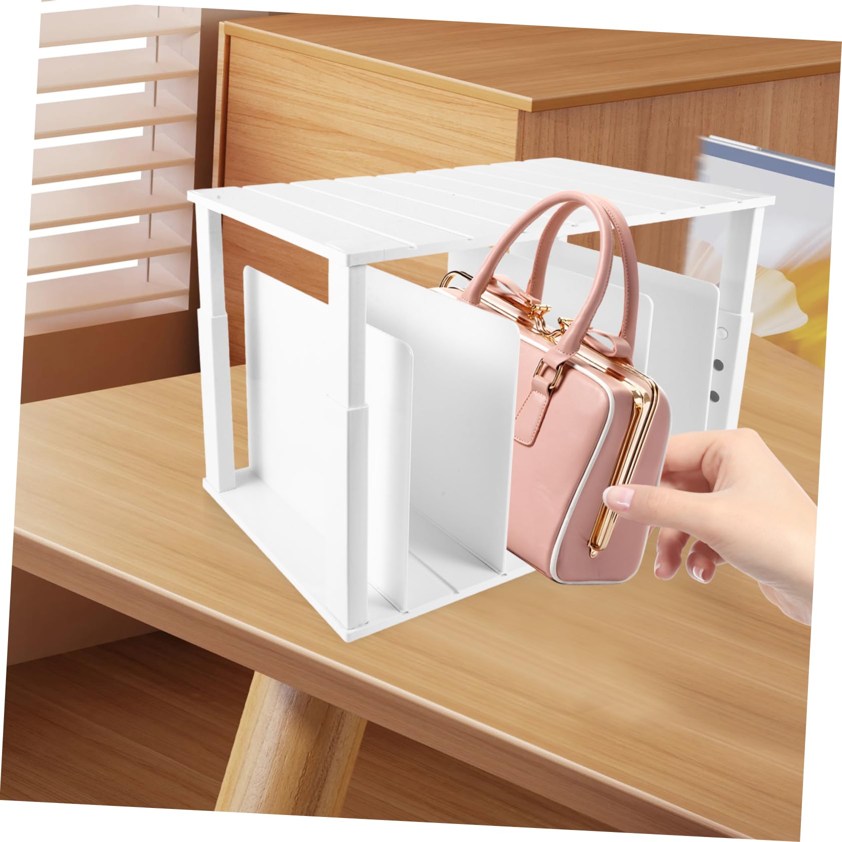 Organizador de Bolsos de Armario Blanco Abs Ajustable 4 Separadores | Diseño de Doble Nivel, Bordes Lisos sin Rebabas, Particiones Regulables, Almacenamiento Versátil