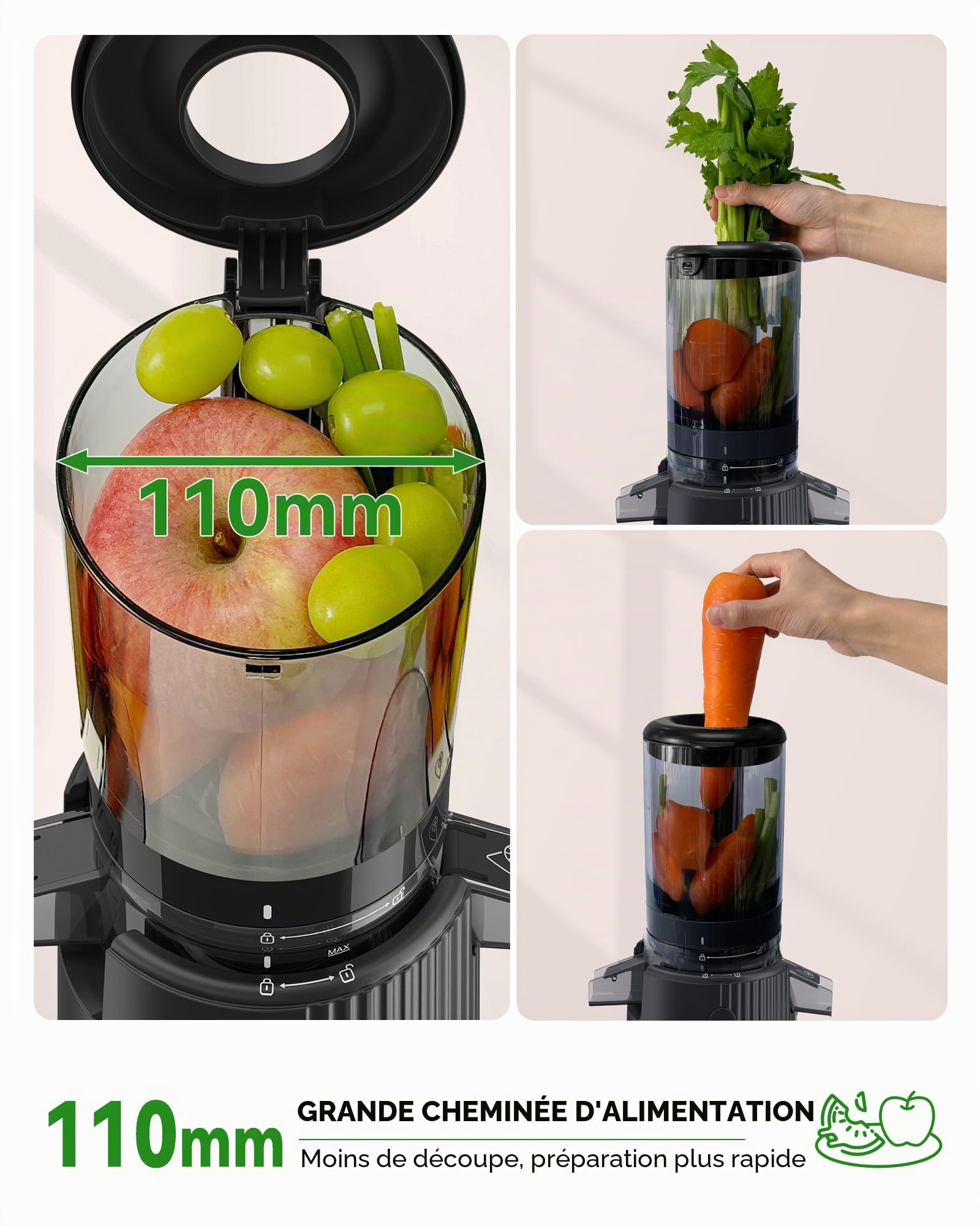 ACOQOOS Centrifugeuse Extracteur de Jus 200 W, Extracteur de Jus de Fruits et Légumes, Extracteur avec fonction de mastication inversée et 2 tasses, ouverture de 110 mm, noir