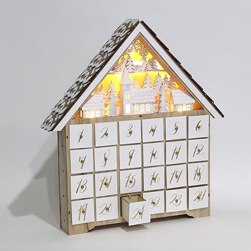 Miniatura 3 de Calendario de Adviento de madera con 24 cajones y luces LED, cuenta regresiva de escena de pueblo y bosque, decoración reutilizable de 16.3 x 2.9 x