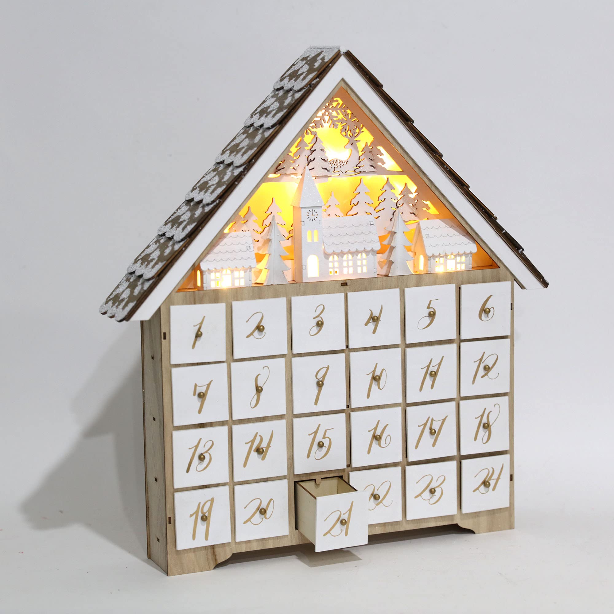 Pioneer-Effort Weihnachts-Adventskalenderhaus aus Holz mit 24 Schubladen und LED-Lichtern, Dorf- und Waldszene Countdown bis Weihnachten, wiederverwendbare Dekoration, 41 x 7 x 45 cm