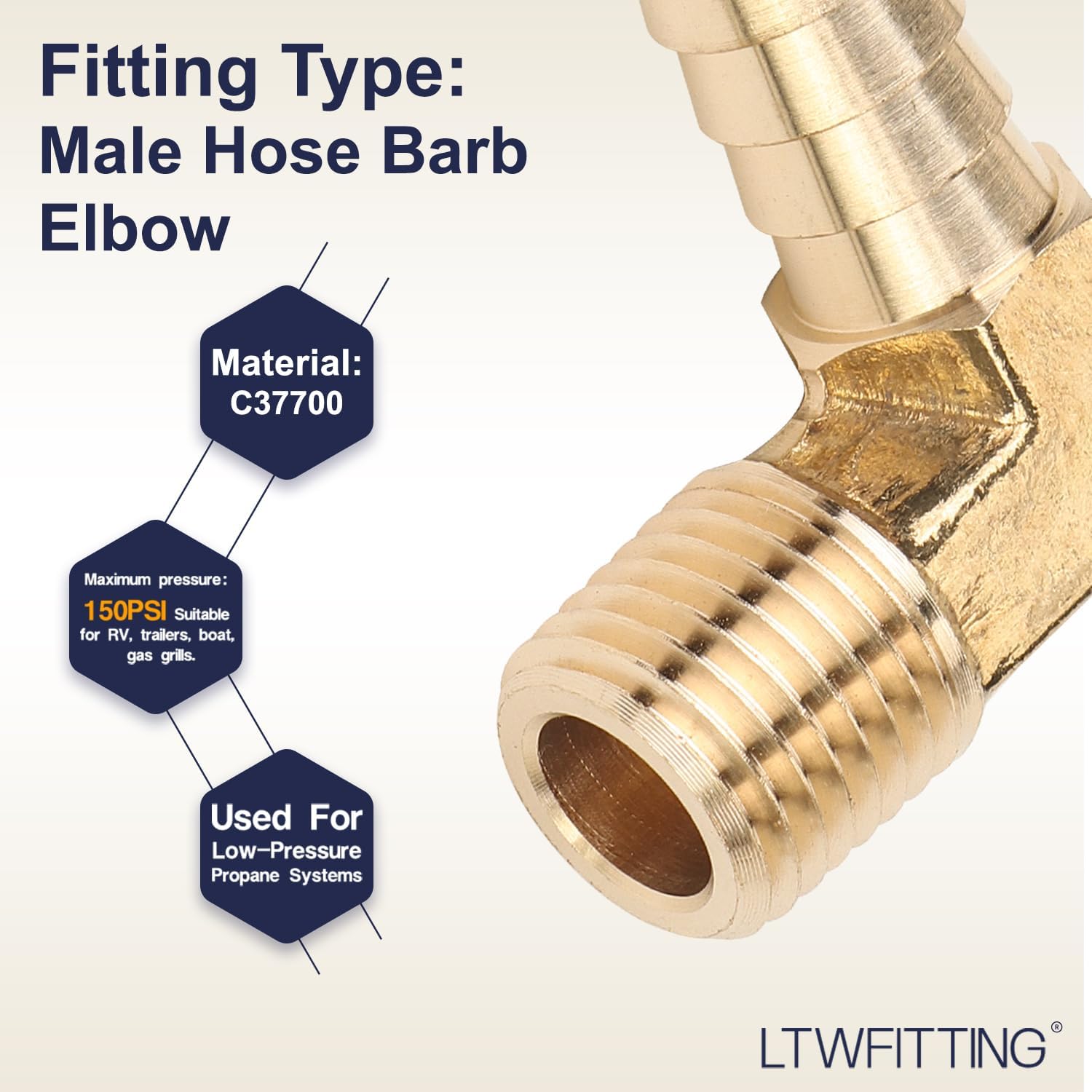 LTWFITTING 90 Degree Elbow Brass Barb Fitting 3/8 ID Hose x 1/4-Inch Male NPT Vehicle Fuel System Heater System (Pack of 5)