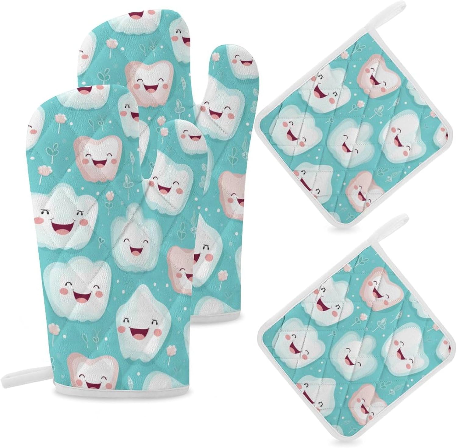 Cute Tooth Patterns 4 Pcs Oven Mitts and Pot Holders Set High Heat Resistant Long Kitchen Oven Glove Potholders