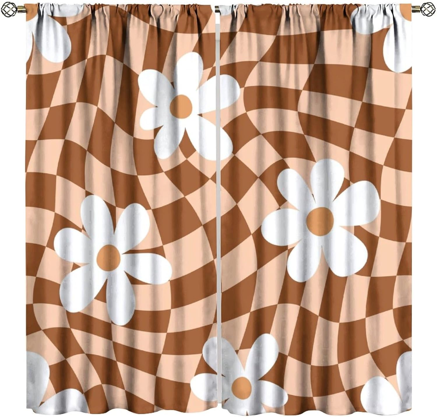 70S Style Vintage Boho Floral Blackout Curtains, Retro Groovy Flowers 60S Mid Century Rod Pocket Window Drapes for Bedroom Living Room 21(W)*63(L) 2 Panels