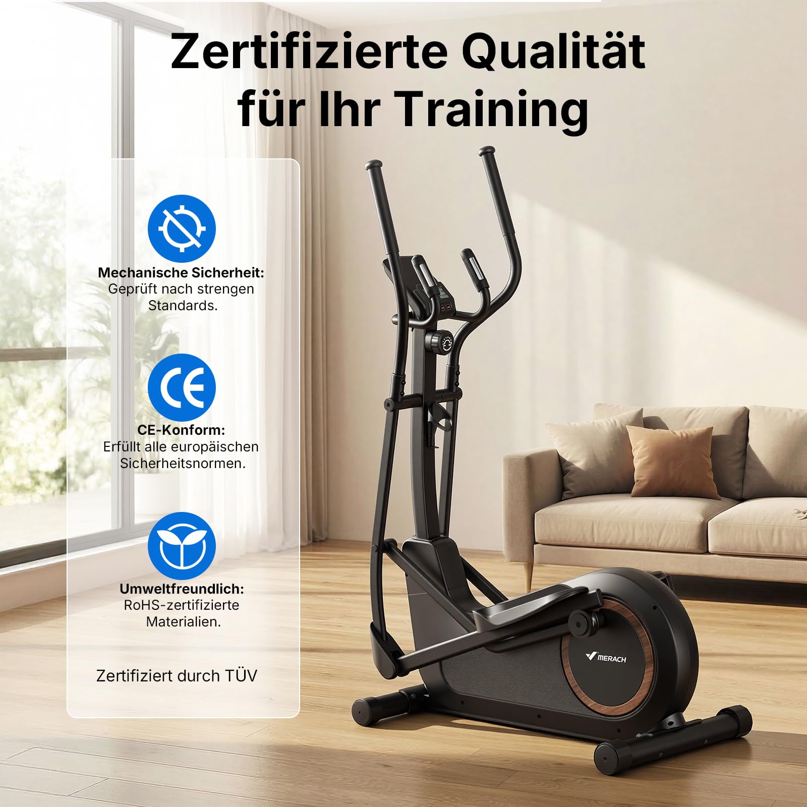 MERACH Selbstbetriebener Crosstrainer für Zuhause, 42 cm Schrittlänge, Ultraleiser Ellipsentrainer mit Magnetwiderstand, 16 Widerstandsstufen, Bluetooth, App & Pulssensor, bis 150 kg