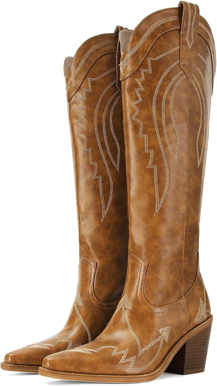 Cowboy Boots for Women Knee High Western Tall Long Cowgirl Boot Comfortable Retro Vintage Country Concert Embroidery Pointed Toe Block Chunky Heel