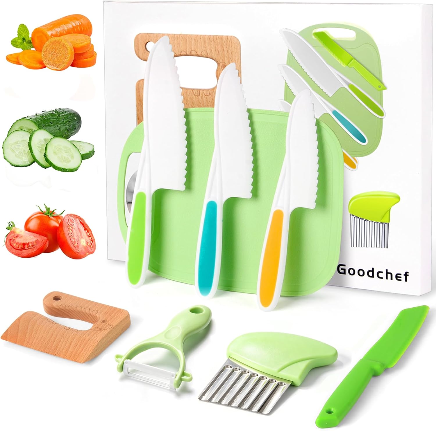 Set Coltelli da Cucina per Bambini 8 Pezzi per Tagliare e Cucinare, Frutta o Verdura Compreso Coltello in Legno, Tagliere e Pelapatate, Coccodrillo