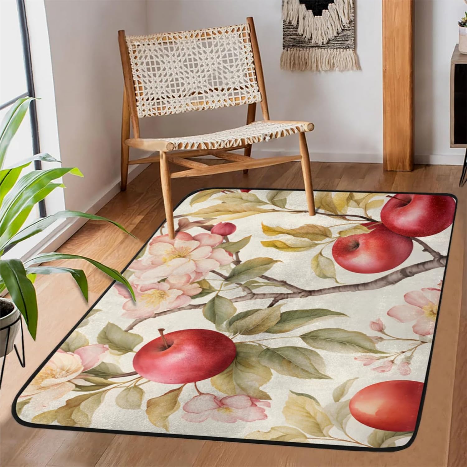 Soft Area Rug 3.25' x 5' Fruit Apples Flowers Washable Non-Slip Rugs Low Pile Stain Resistant Floor Carpet for Dining Room Bedroom Living Room