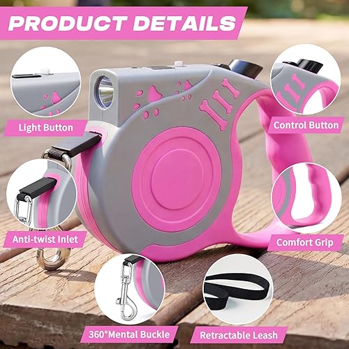 Miniatura 4 de Correa retráctil para perro con linterna recargable USB para paseos nocturnos, correa telescópica tractor automática de 16 pies para perros pequeños