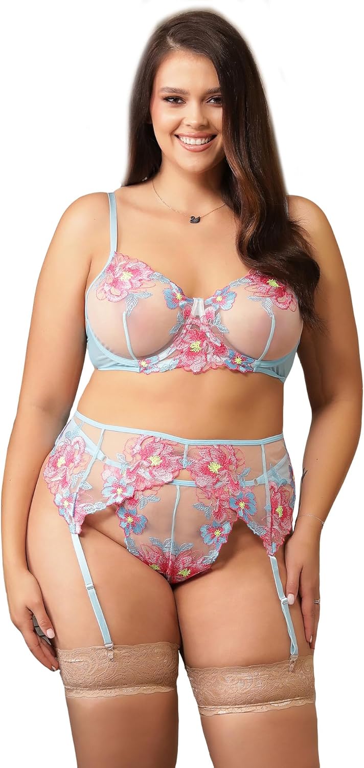 ohyeah Sexy Lingerie Set for Women Embroidery Bra and Panty Set with 4 Strap Garter Belt for Thigh Highs Stockings Suspenders