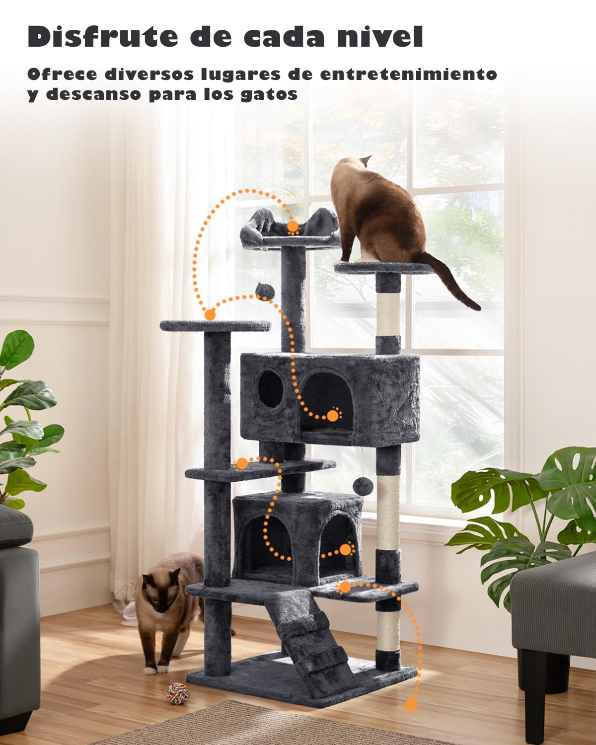 Yaheetech Árbol Rascador para Gatos 139cm con 3 Plataformas 2 Nidos 2 Pompones Torre de Escalador con Postes en Sisal Ideal para 3-4 Gatos Gris Oscuro — view 4