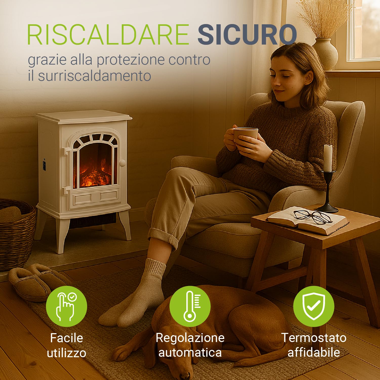 Juskys Camino elettrico 2000 W – Bianco, caminetto autoportante con effetto fiamma, 2 livelli di calore, termostato e spegnimento di sicurezza per il soggiorno