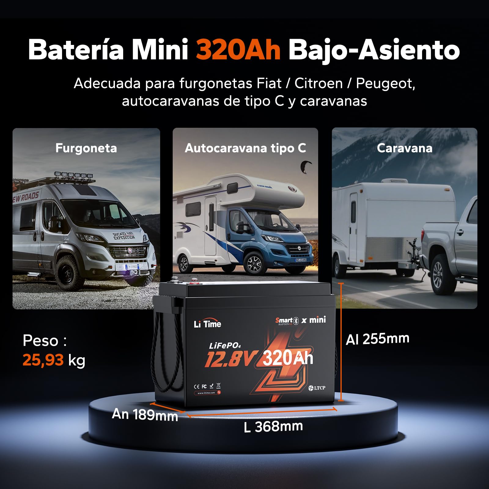 Litime Bateria LiFePO4 12V 320Ah Mini con BMS 200A y Protección por Baja Temperatura, Batería Litio 12V 4096Wh Energía, 189mm de Ancho para Autocaravana, Camper, Barco y Off-Grid