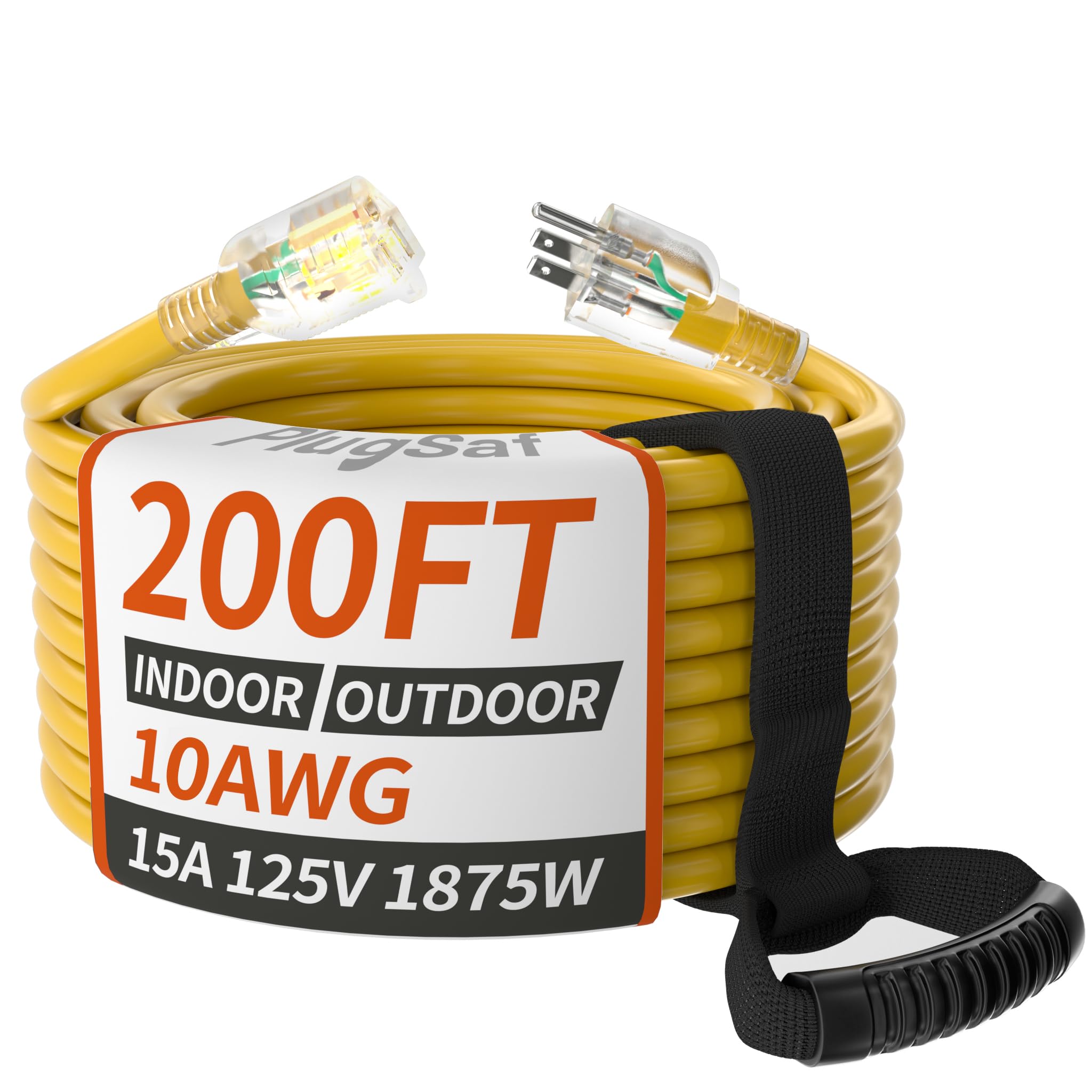 PlugSaf 200ft 10 Gauge Waterproof Outdoor Extension Cord Lighted End Yellow