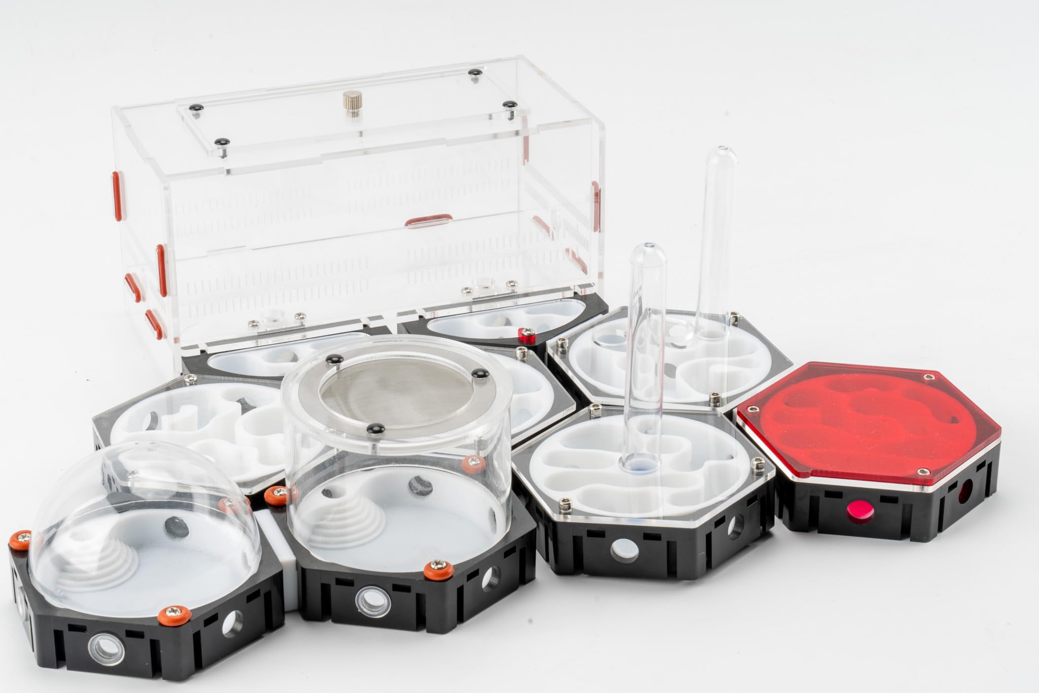 Modular Hexagonal Ant Habitat – 11-Piece Set, Interconnectable for Customizable Colony Size, with Integrated Moisture Stabilization, Red Acrylic Cover for Enhanced Observation