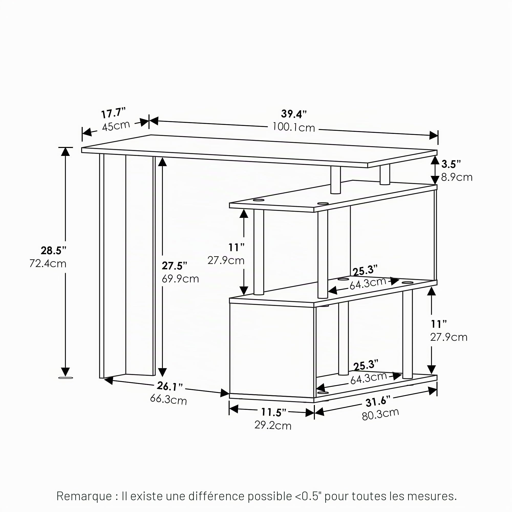Furinno Moore Bureau D'ordinateur en Forme de L, Engineered Wood, Americano/Noir, 3 Niveaux