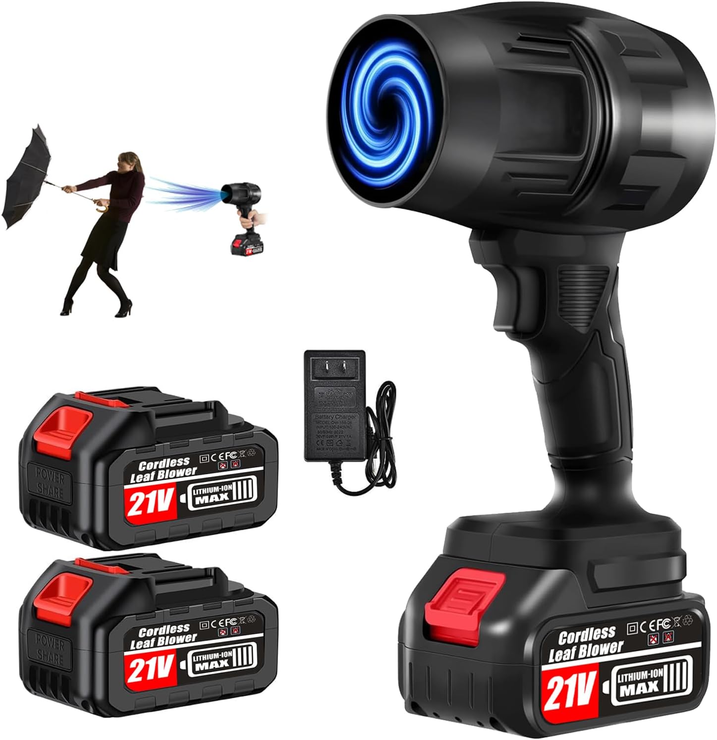 Handheld Electric Cordless Leaf Blower, 450,000RPM High-Speed Motor Jet Fan Air Blower with 2 Battery Operated & Charger, Lightweight Leaf Blower for Patio Cleaning, Lawn Care, Blowing Leaves and Dust