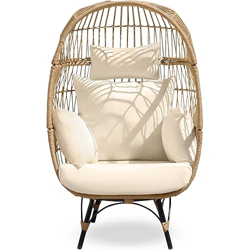 RADIATA Oversized Wicker Egg Chair w/ 5 Cushions 440lb Capacity Lounge Basket with Strong Heavy-Duty Steel Frame for Indoor Outdoor Patio Backyard Living Room (Beige)