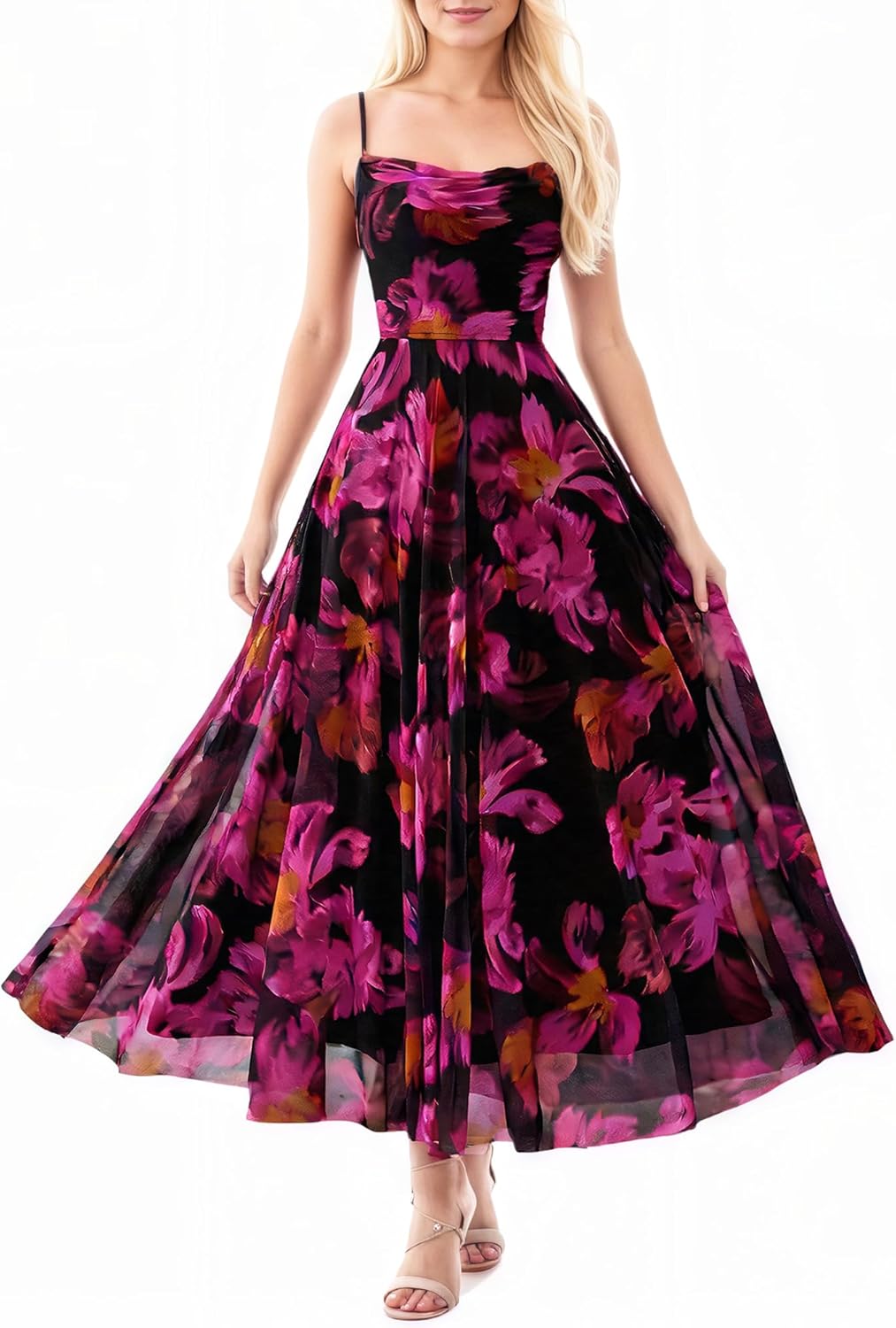 Women Summer Floral Maxi Dresses Elegant Spaghetti Strap Dress Printed Party Dress Beach Long Dresses