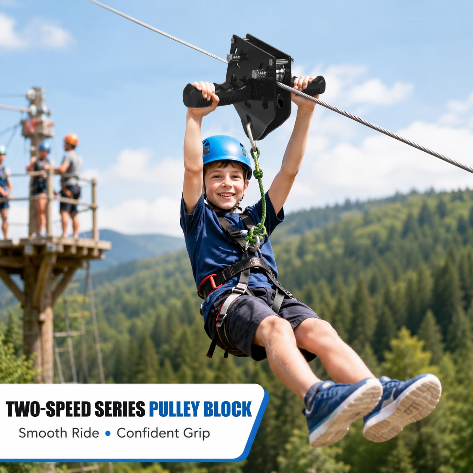 Zjeżdżalnia linowa z uchwytami, podwójne koło pasowe ze stali nierdzewnej, obciążenie niszczące 45 kN – rolka Zipline do ogrodu, na zewnątrz i na plac zabaw