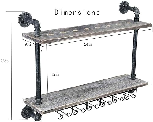 Miniatura 5 de WONOOS - Estantería de pared industrial rústica de pared, soporte para botellas de licor, estante de metal de madera real, estante de pared para