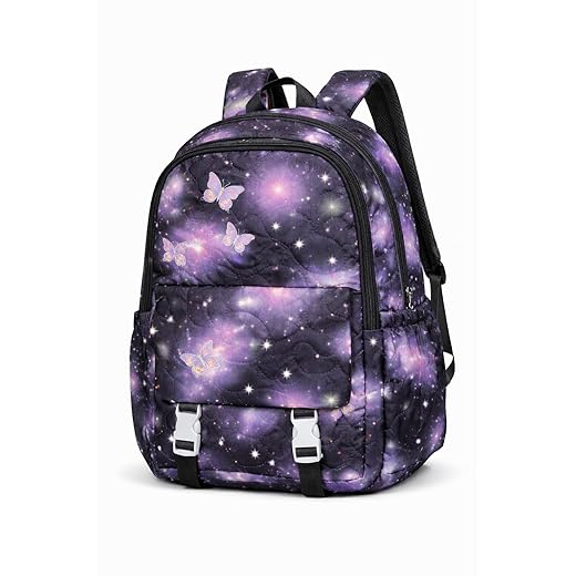 Mochila Infantil e Juvenil Estampada 25L em Poliéster Resistente, com Decoração de Borboleta, 3 Bolsos com Zíper, Design Matelassê, Alças Ajustáveis, Cores Preto, Rosa e Azul Claro