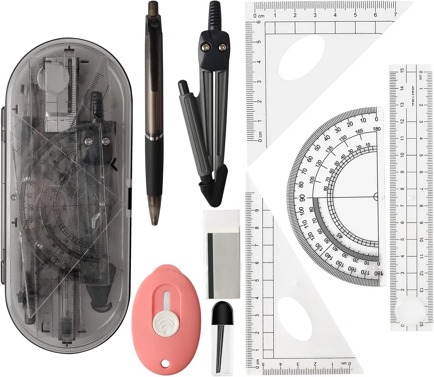 9 Pcs Maths Set, Protractor and Compass Set Geometry Compass Sets Math Kit Including Ruler, Protractor, Compass, Eraser, Knife and Pencil Case for School