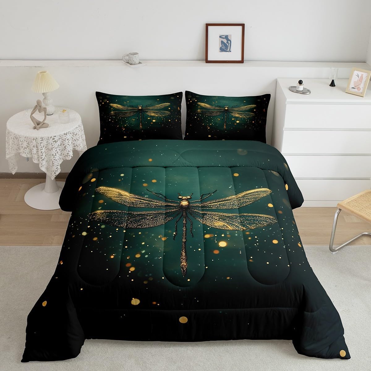 jejeloiu Dragonfly Comforter Set Twin Size Gifts for Women Bedding Set for Kids Boys Girls Teens Animal Duvet Set Super Soft Microfiber Green Golden Quilt Set with 1 Pillow Case