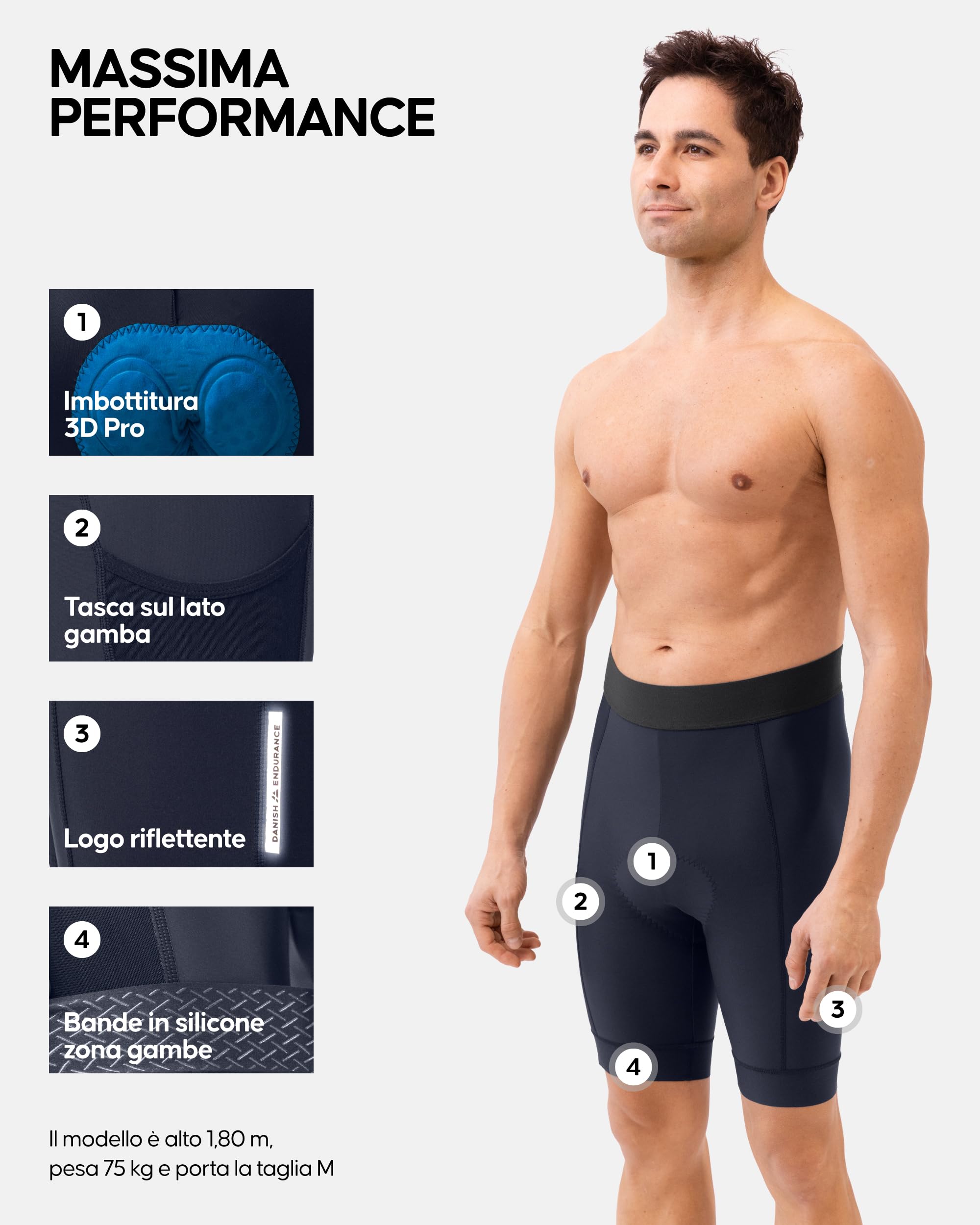 DANISH ENDURANCE Pantaloncini da Ciclismo da Uomo, per Bicicletta, Imbottiti in Gel 3D, Elastici, Traspiranti Blu Scuro L