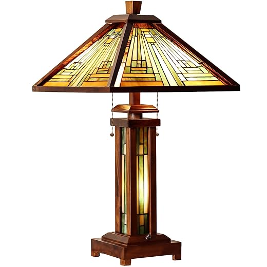 Capulina Tiffany Style Table Lamp 3-Light 15X15X26 Inches Mission Amber Brown Style Wood Base Desk Lamp with Night Light Decor for Living Room Bedroom Home Office