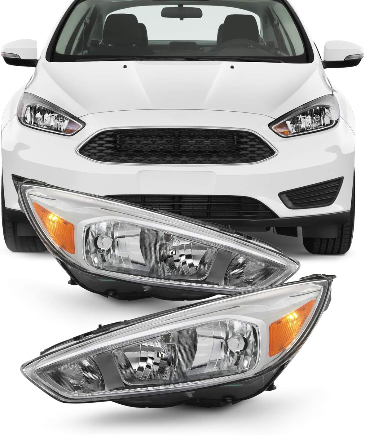 AKKON - Fits 2015-2018 Ford Focus S | SE | ST Chrome Bezel [Halogen Type] Headlight [w/o DRL LED Function] Pair Left + Right