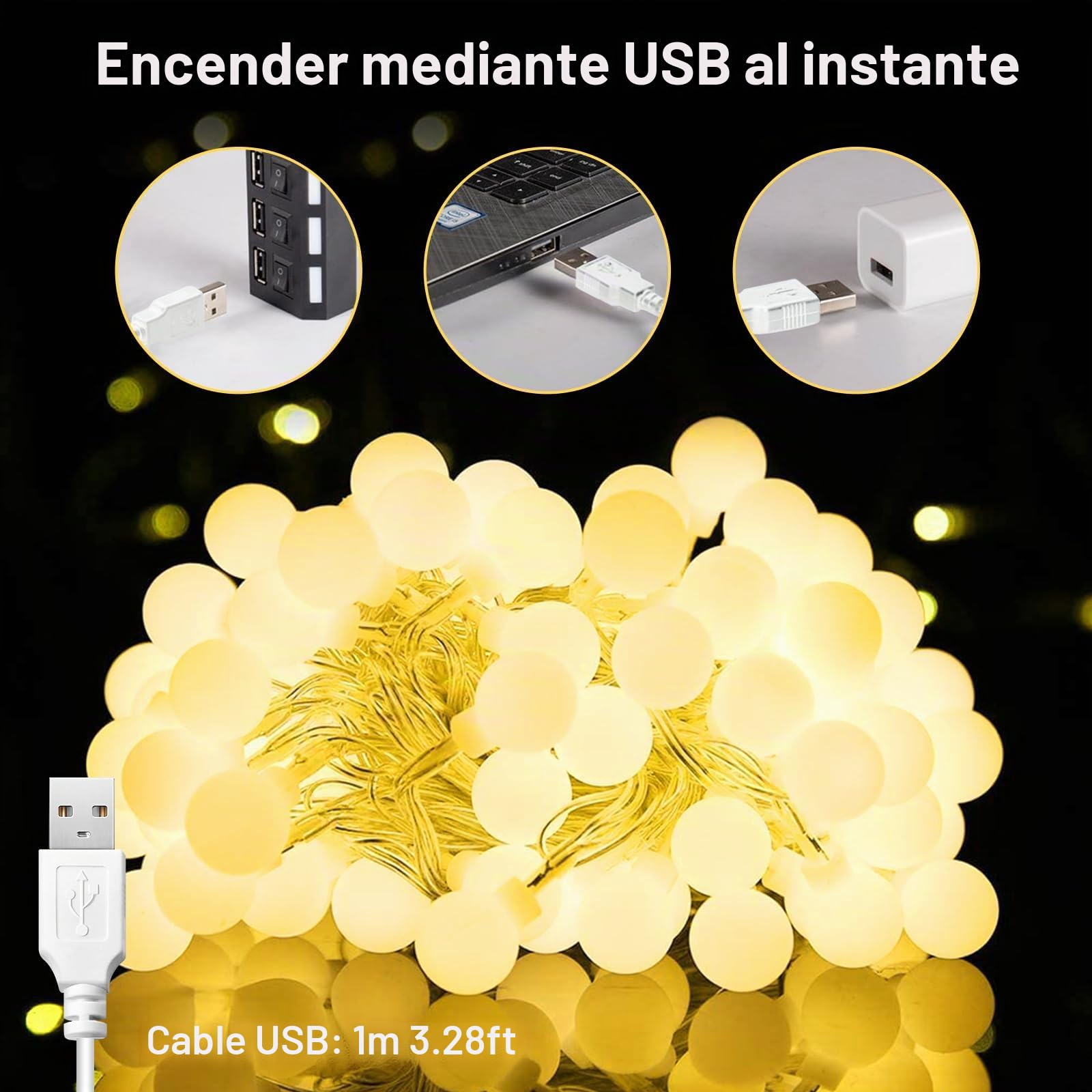 Bigzom USB Bombillas de Hadas Globulares para Interiores, 7M 40LED 5V Bombillas para Salas, Bodas, Balcones, Jardines, Fiestas, Decoración Navideña