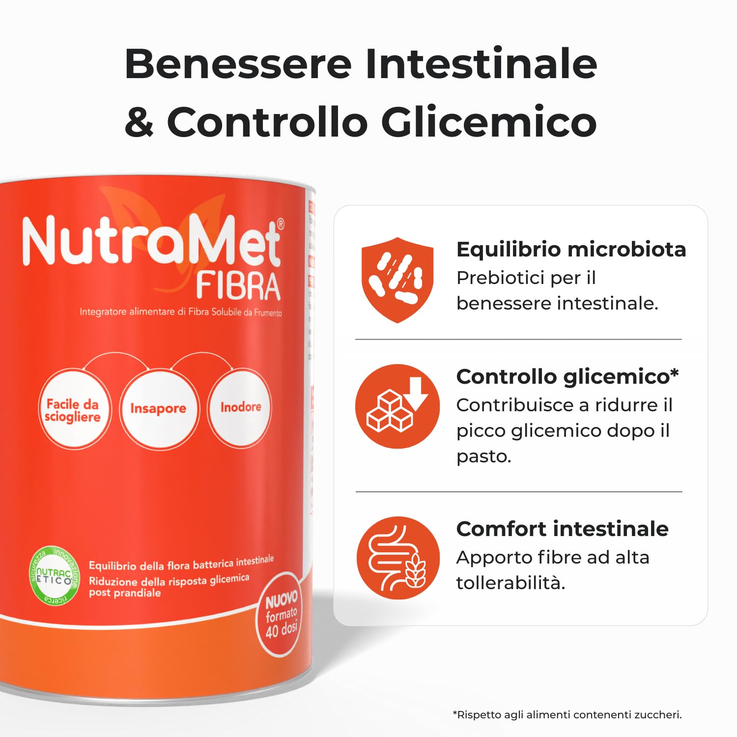 Esserre NutraMet Fibra | Integratore Prebiotico Fibra Solubile per Benessere Intestinale | Intestino Pigro | Senza Glutine Senza Lattosio e Senza Zuccheri | Vegano | Barattolo 320 g