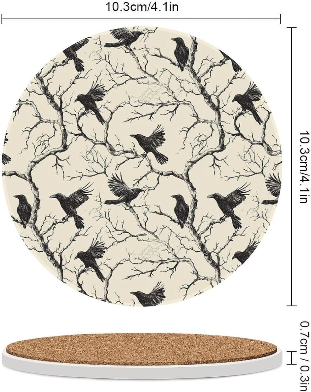 Tree Crows Branches Round Ceramic Coasters for Drinks Absorbent Cup Holder Tabletop Protector with Cork Base