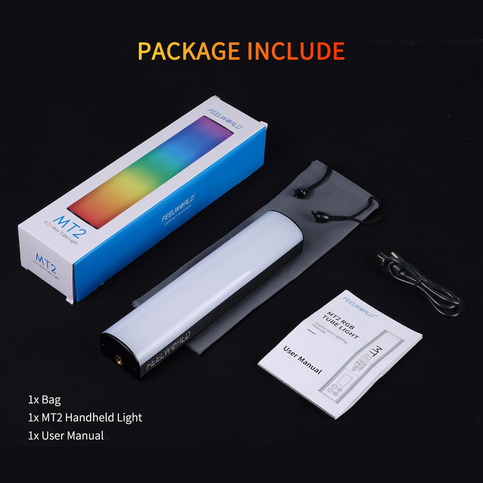 FEELWORLD MT2 Tubo de luz,360° RGB LED luz de vídeo para la fotografía, 3000mAh Recargable Mini bastón de luz para sesiones de vídeo Profesional con imanes