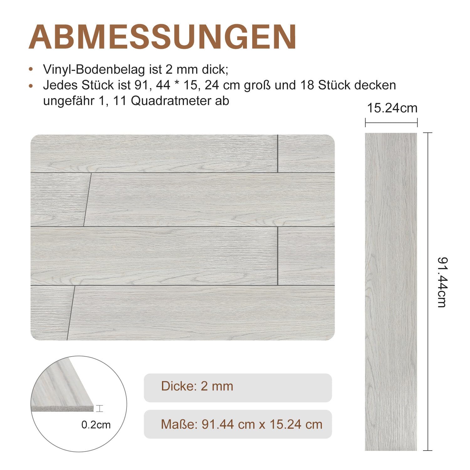 PVC Bodenbelag Selbstklebende, Vinyl-Fliesen, Vinylboden, 91,44 CM X 15,24 CM, Dicke 2 mm, Vinyl Laminat Rutschfeste Dekor-Dielen für Schlafzimmer, Wohnzimmer, 72 Fliesen/10 ㎡, Rauchgrau