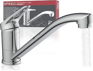 EISL NI182SCR-LP - Grifo de cocina giratorio de baja presión de 360° para fregaderos dobles, grifo mezclador monomando de baja presión, cromado