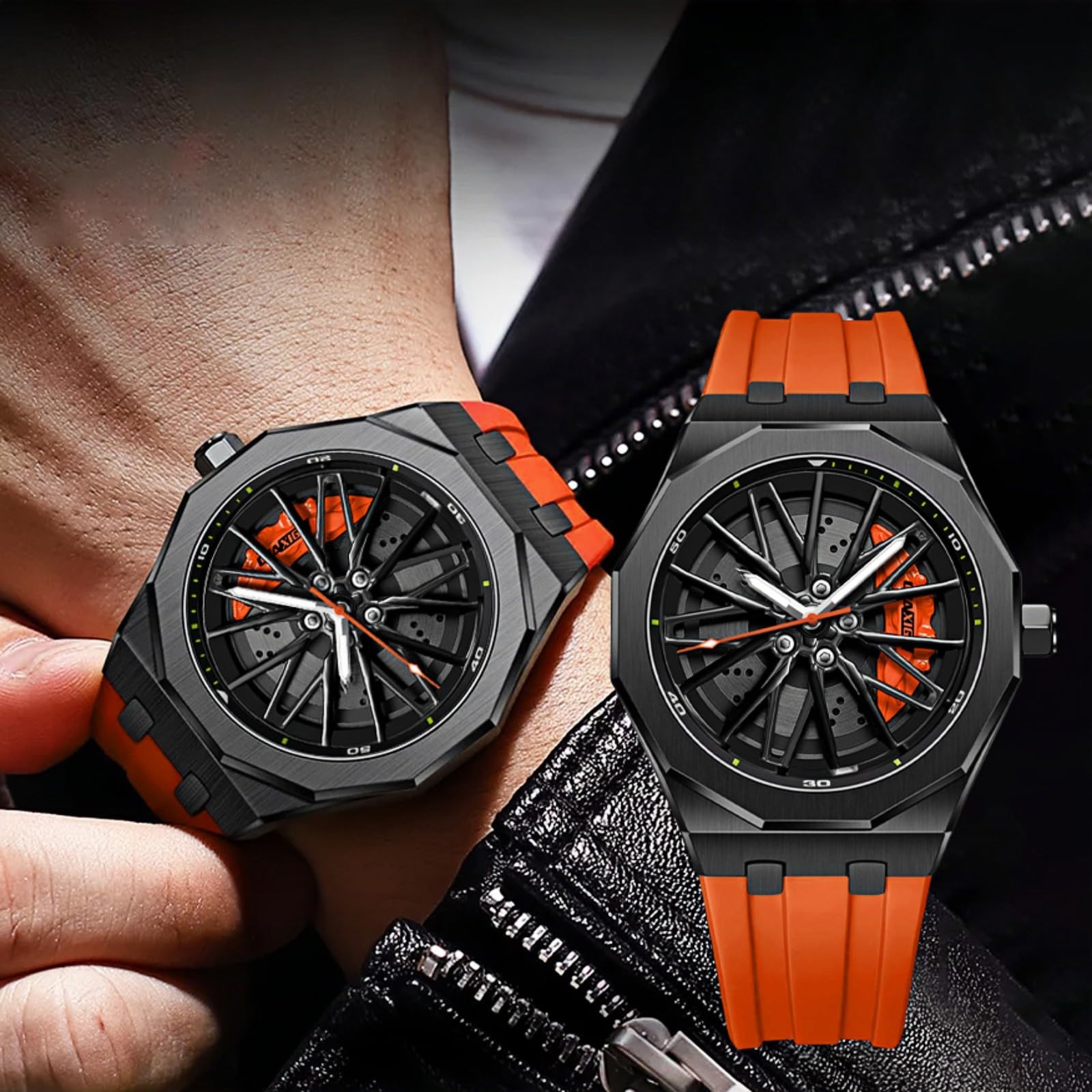 Gosasa Reloj de pulsera para hombre, diseño de rueda de carreras, creativo, giratorio en 3D, luminoso, cuarzo, resistente al agua hasta 30 m, con correa de goma