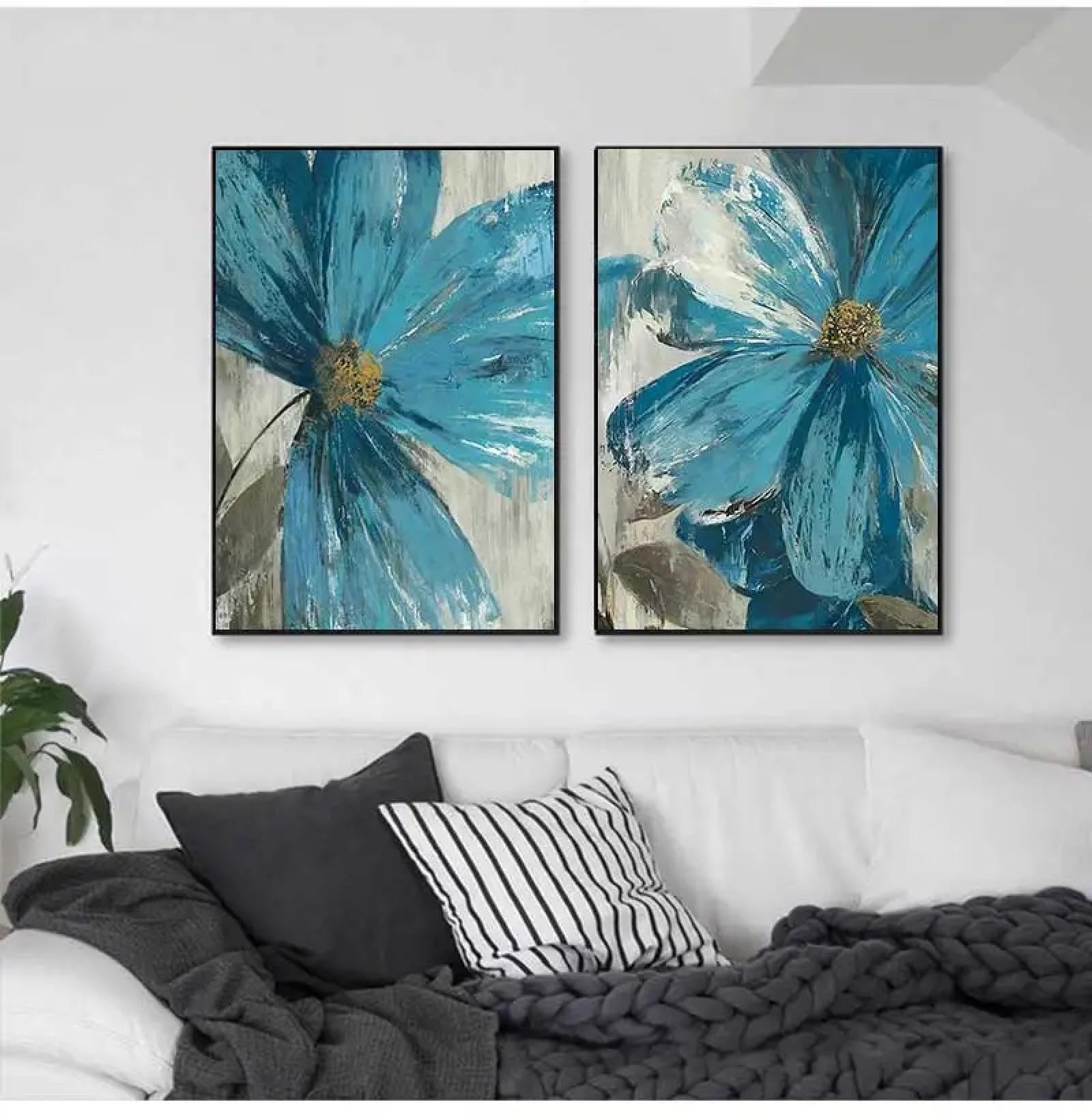 MAIMANG Vintage niebieska farba kwiaty obraz na płótnie abstrakcyjny plakat botaniczny nadruk sztuka ścienna obraz salon dekoracja 70 x 100 cm x 2 bez ramy