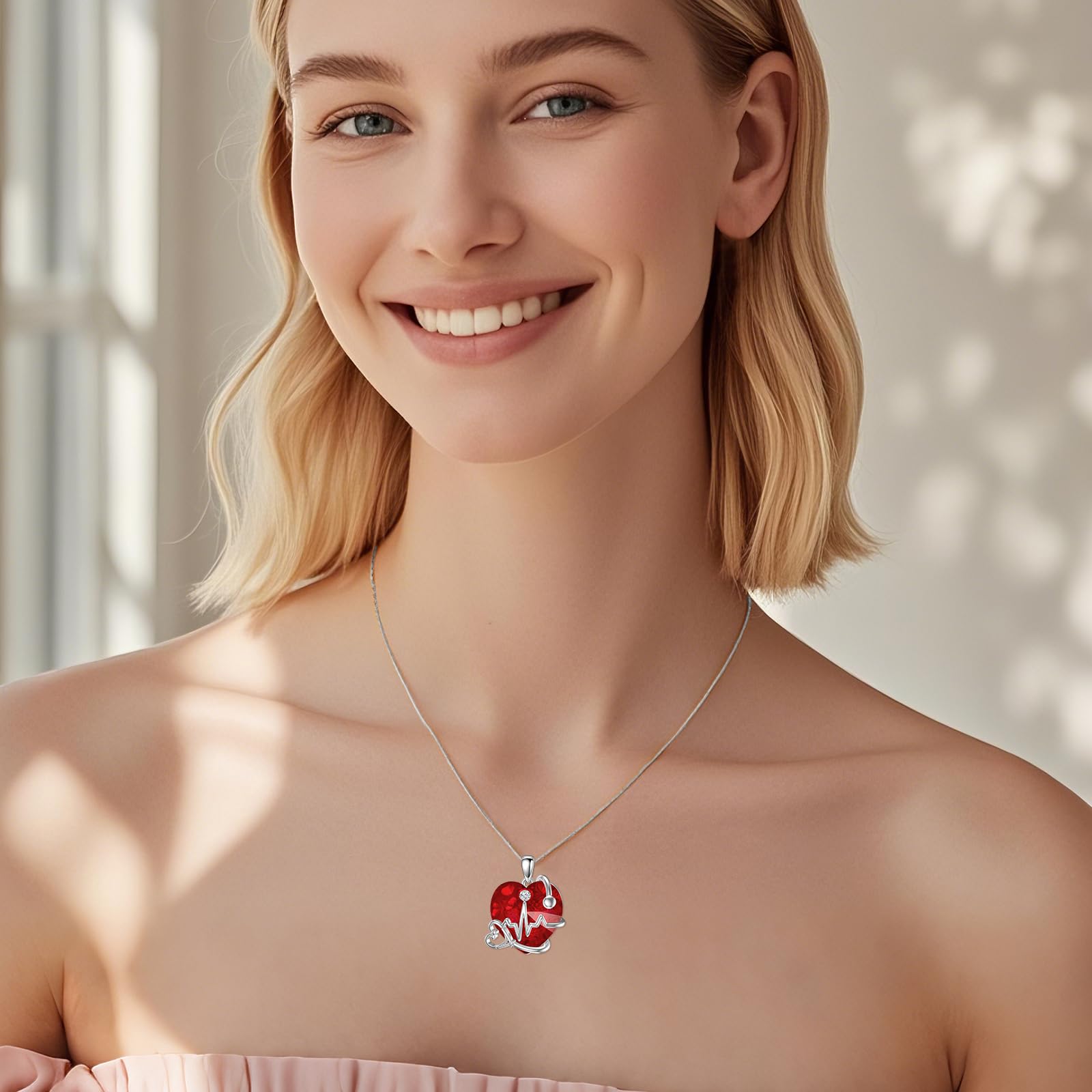 TOUPOP Collana da infermiera da donna con stetoscopio a forma di cuore, ideale come regalo per studentessa, infermiera, laurea, compleanno, regalo di Natale, Argento sterling
